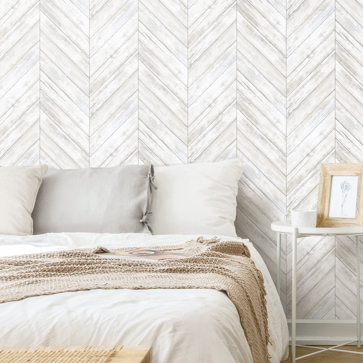 Herringbone Tan Peel & Stick Wallpaper with Wood Boards Motif - York RMK11453WP
