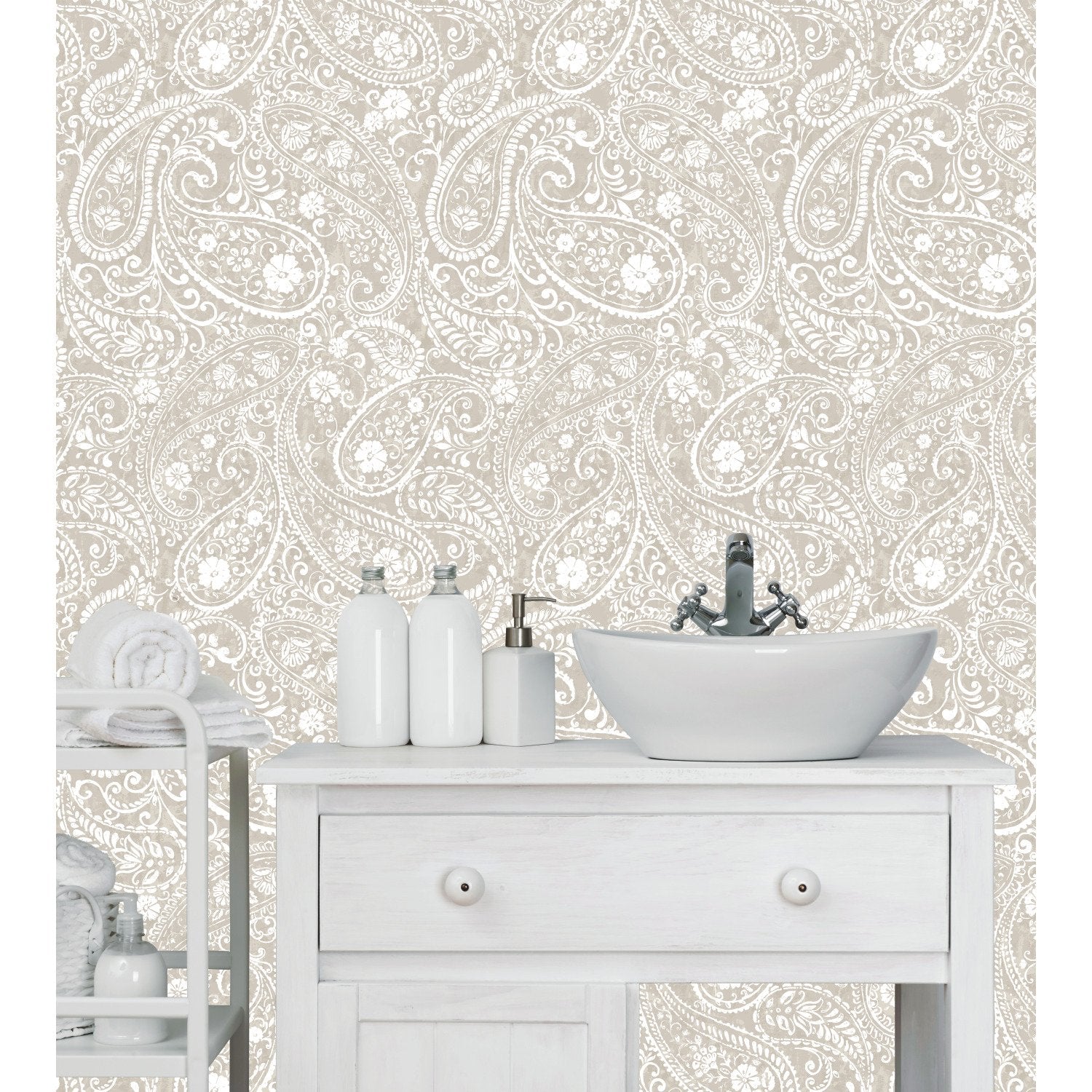 Paisley Prince Beige Peel & Stick Wallpaper with Modern Global Paisley Pattern - RoomMates RMK11580RL