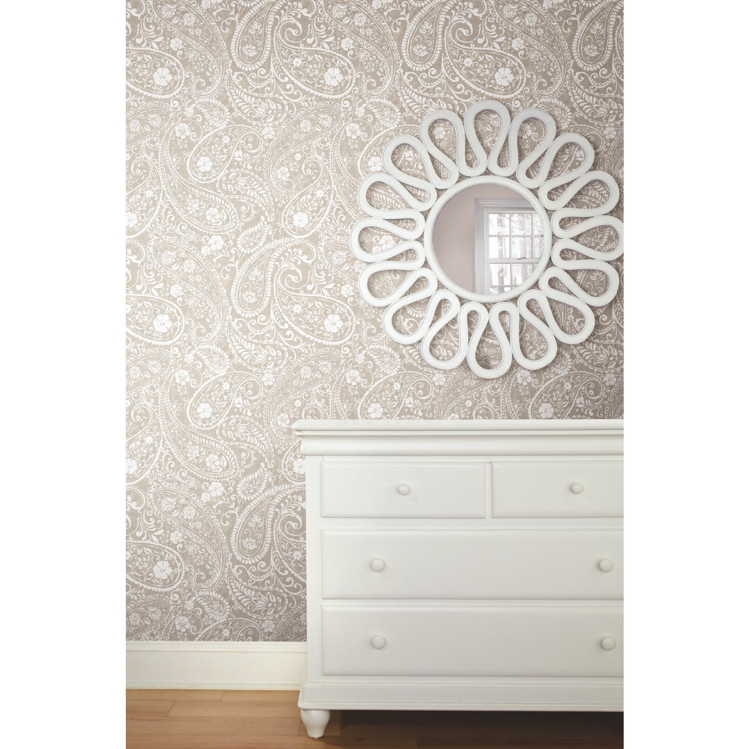 Paisley Prince Beige Peel & Stick Wallpaper with Modern Global Paisley Pattern - RoomMates RMK11580RL