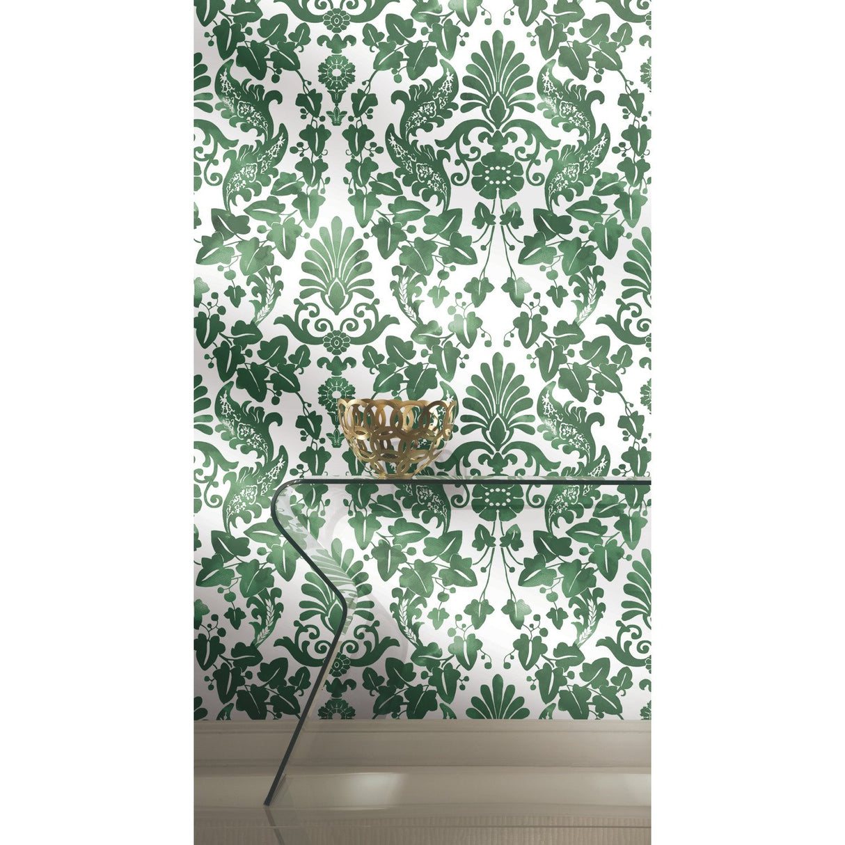 Vine Damask Green Peel & Stick Wallpaper with Botanical Traditional Motif - York RMK11596RL