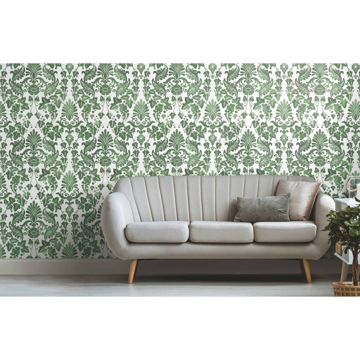 Vine Damask Green Peel & Stick Wallpaper with Botanical Traditional Motif - York RMK11596RL