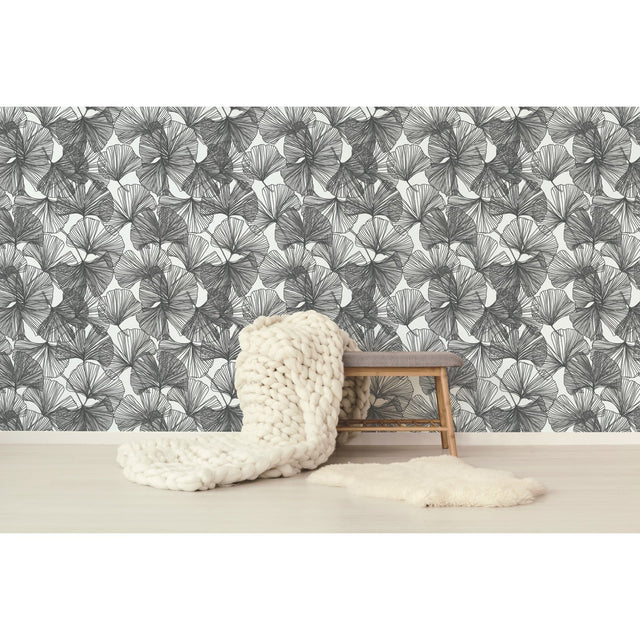 Ginkgo Leaves Black Peel & Stick Wallpaper with Modern Botanical Leaf Pattern - RoomMates RMK11601WP