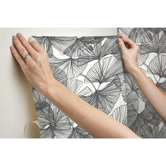 Ginkgo Leaves Black Peel & Stick Wallpaper with Modern Botanical Leaf Pattern - RoomMates RMK11601WP