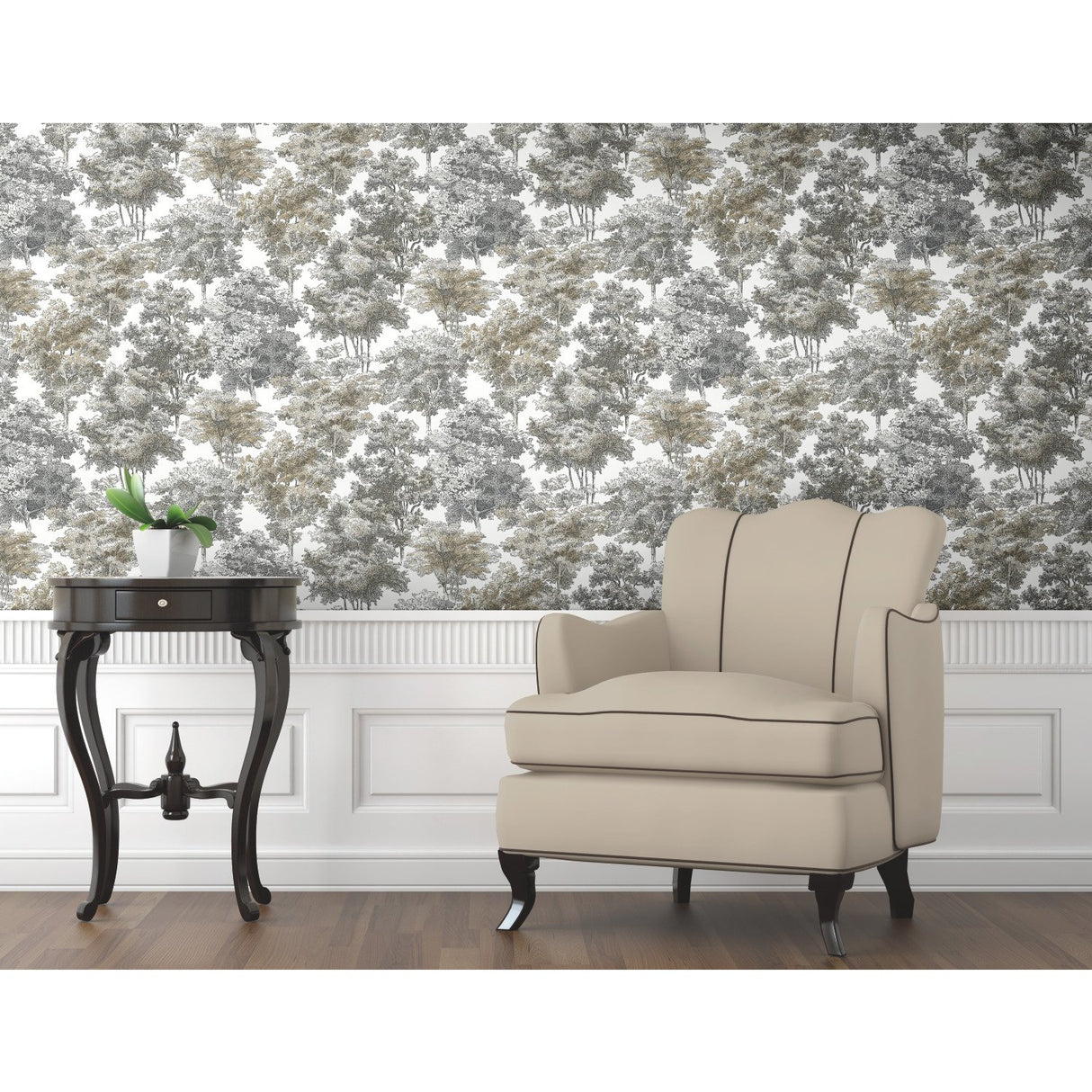 Old World Trees Grey Peel & Stick Wallpaper with Vintage Botanical Trees Pattern - York RMK11614WP