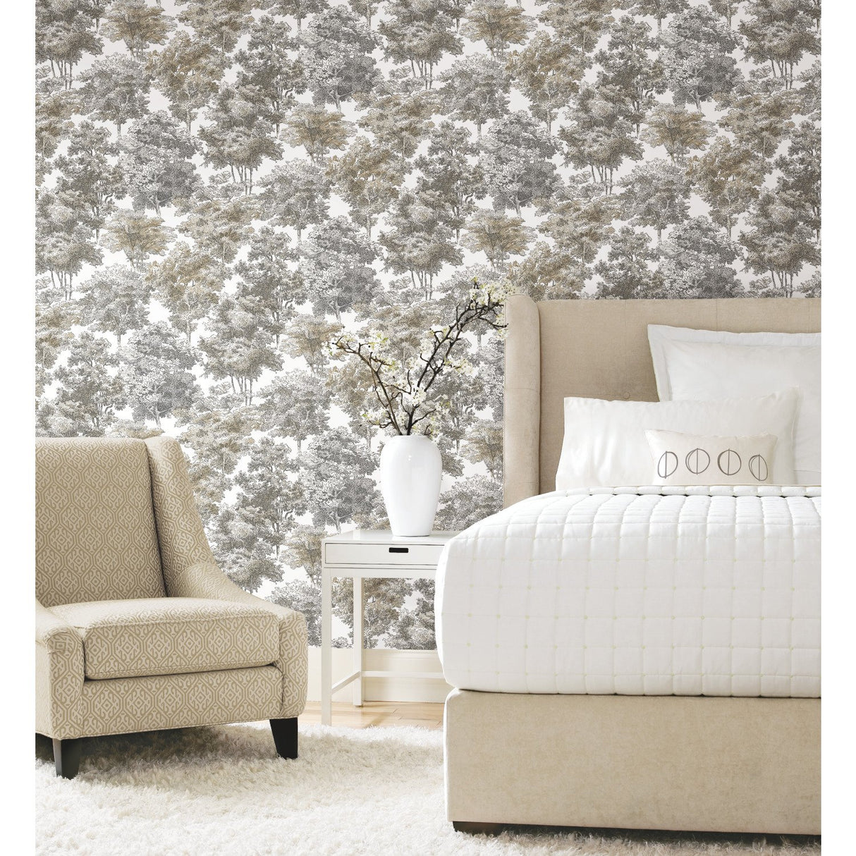 Old World Trees Grey Peel & Stick Wallpaper with Vintage Botanical Trees Pattern - York RMK11614WP