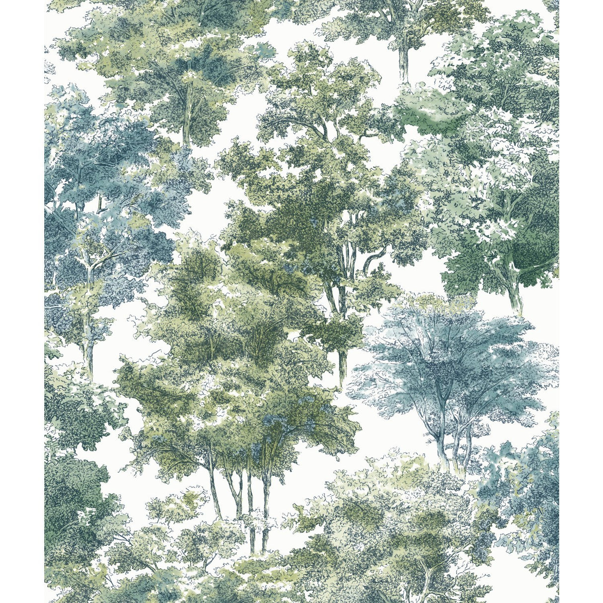 Old World Trees Green Peel & Stick Wallpaper with Vintage Botanical Trees Pattern - York RMK11615WP