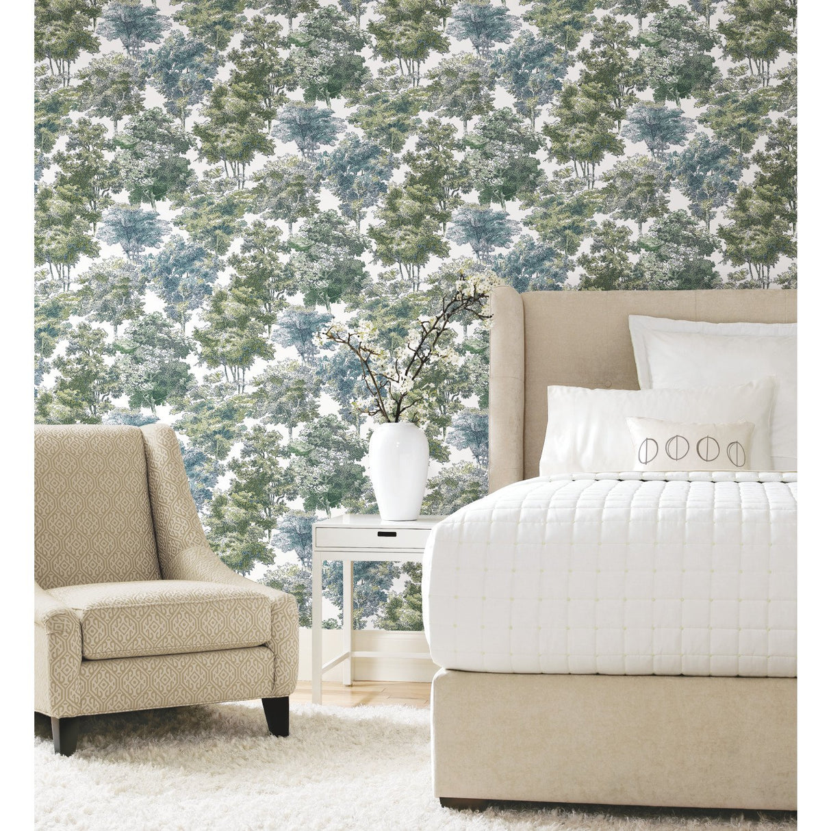 Old World Trees Green Peel & Stick Wallpaper with Vintage Botanical Trees Pattern - York RMK11615WP