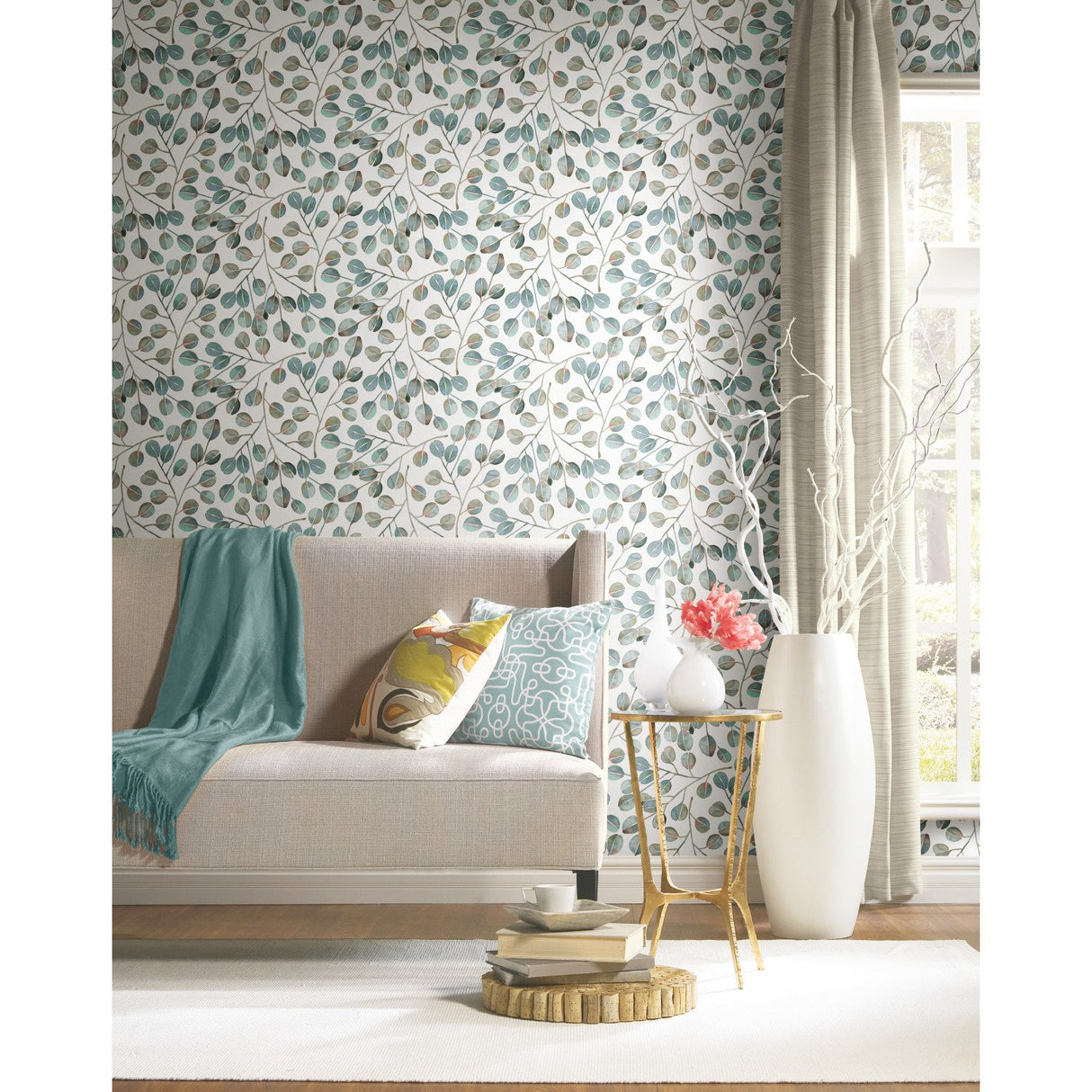Cat Coquillette Eucalyptus Green Peel & Stick Wallpaper with Botanical Leaves Modern Vinyl - York RMK11629WP