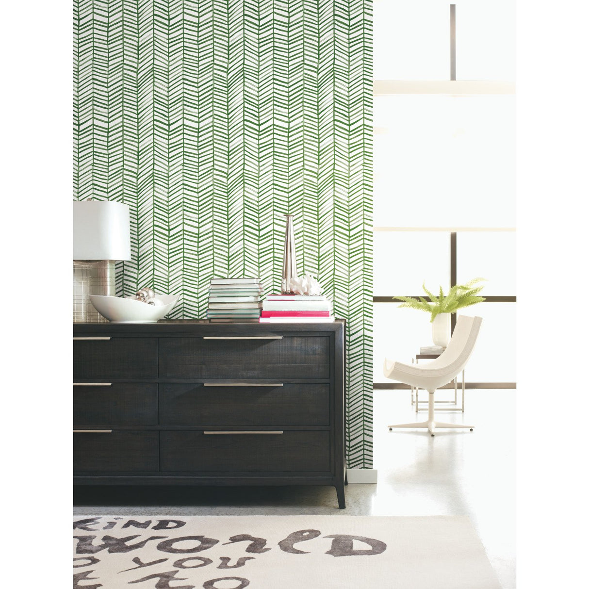 Cat Coquillette Herringbone Green Peel & Stick Wallpaper with Hand-Painted Herringbone Motif - York RMK11632WP