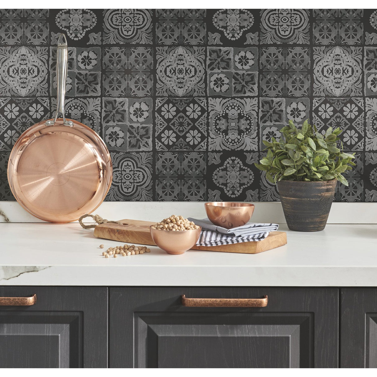 Marrakesh Tile Grey Peel & Stick Wallpaper with Global Modern Tile Pattern - York RMK11648WP