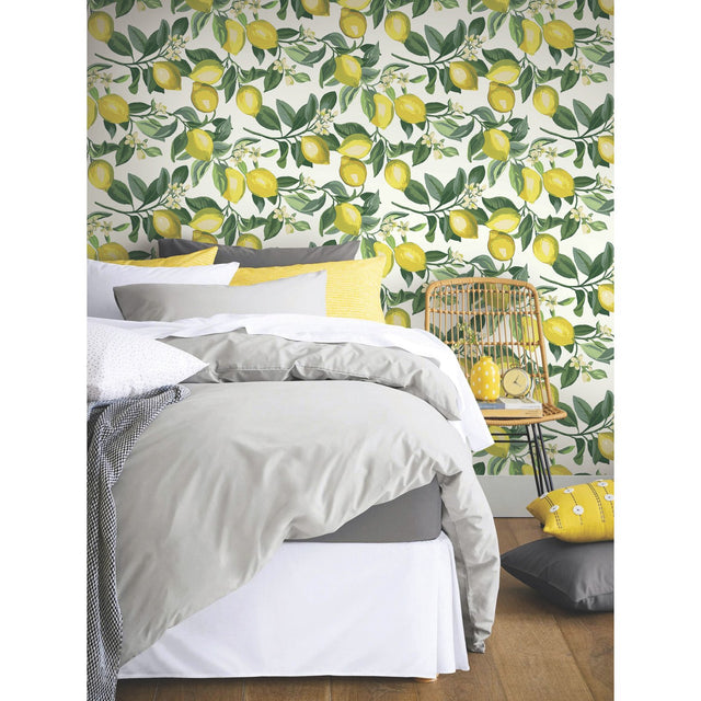 Lemon Zest Yellow Peel & Stick Wallpaper with Fruit Botanical Pattern - RoomMates RMK11655WP