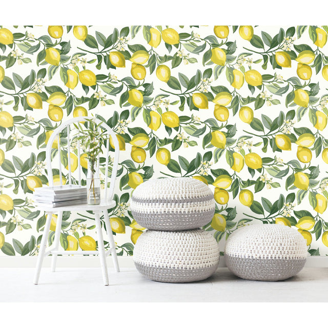 Lemon Zest Yellow Peel & Stick Wallpaper with Fruit Botanical Pattern - RoomMates RMK11655WP