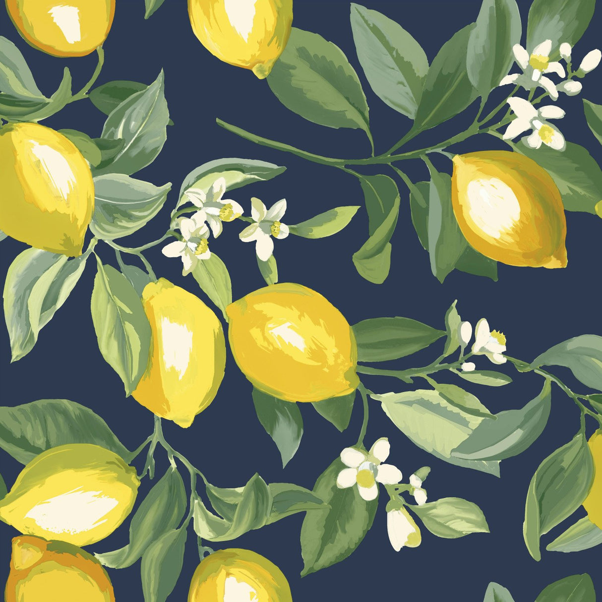 Lemon Zest Yellow and Navy Peel & Stick Wallpaper with Fruit Botanical Pattern, Kitchen & Bath - York RMK11657WP