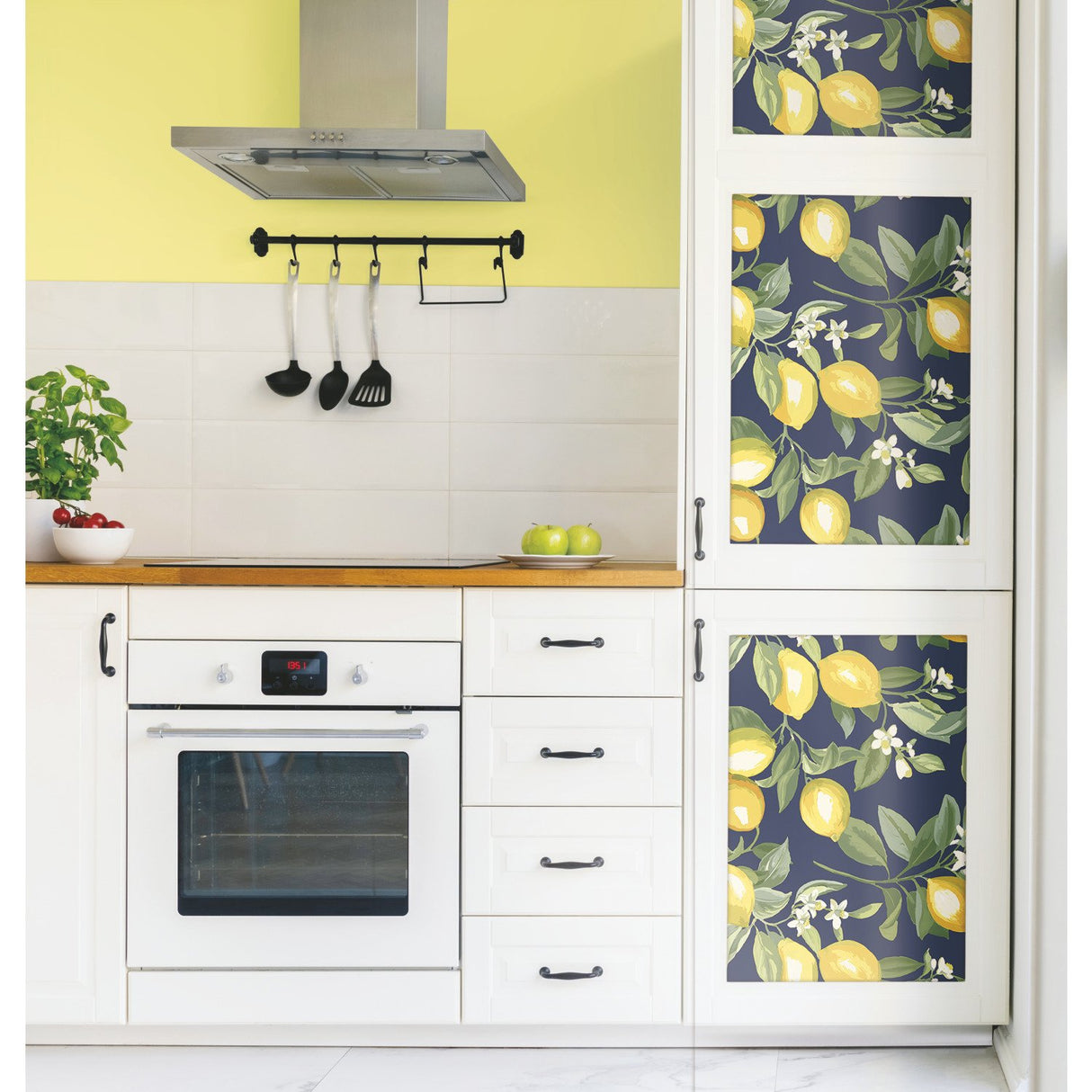 Lemon Zest Yellow and Navy Peel & Stick Wallpaper with Fruit Botanical Pattern, Kitchen & Bath - York RMK11657WP