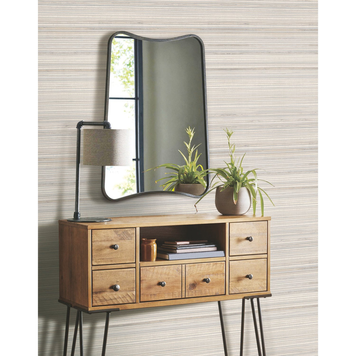 Faux Bamboo Grasscloth Taupe Peel & Stick Wallpaper with Botanical Tropical Motif - York RMK11669RL