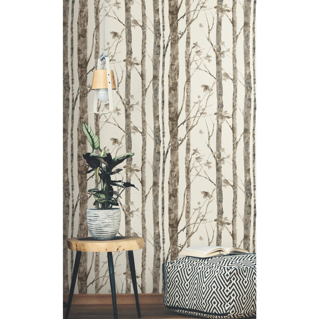Trees Taupe Peel & Stick Wallpaper with Modern Nature Birch Motif - York RMK11727WP