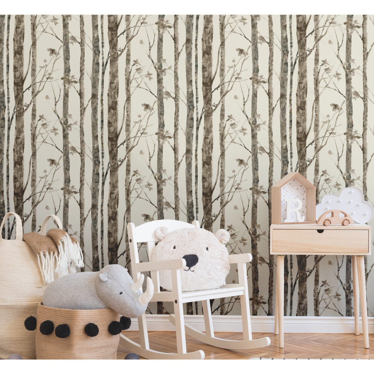 Trees Taupe Peel & Stick Wallpaper with Modern Nature Birch Motif - York RMK11727WP