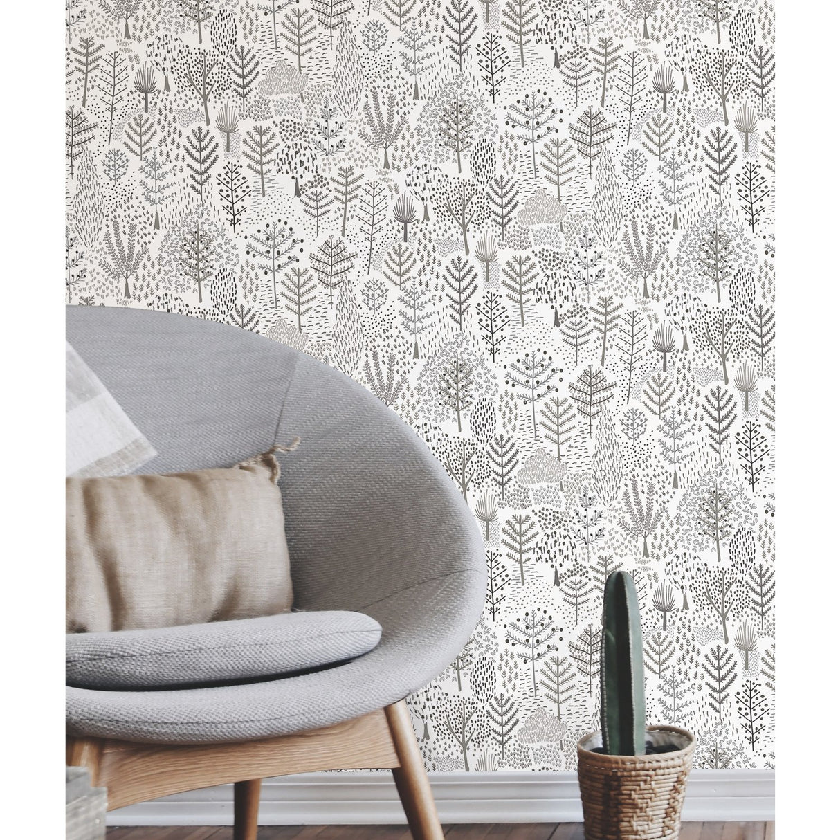 Folklore Trees Grey Peel & Stick Wallpaper with Whimsical Botanical Trees Pattern - York RMK11736RL