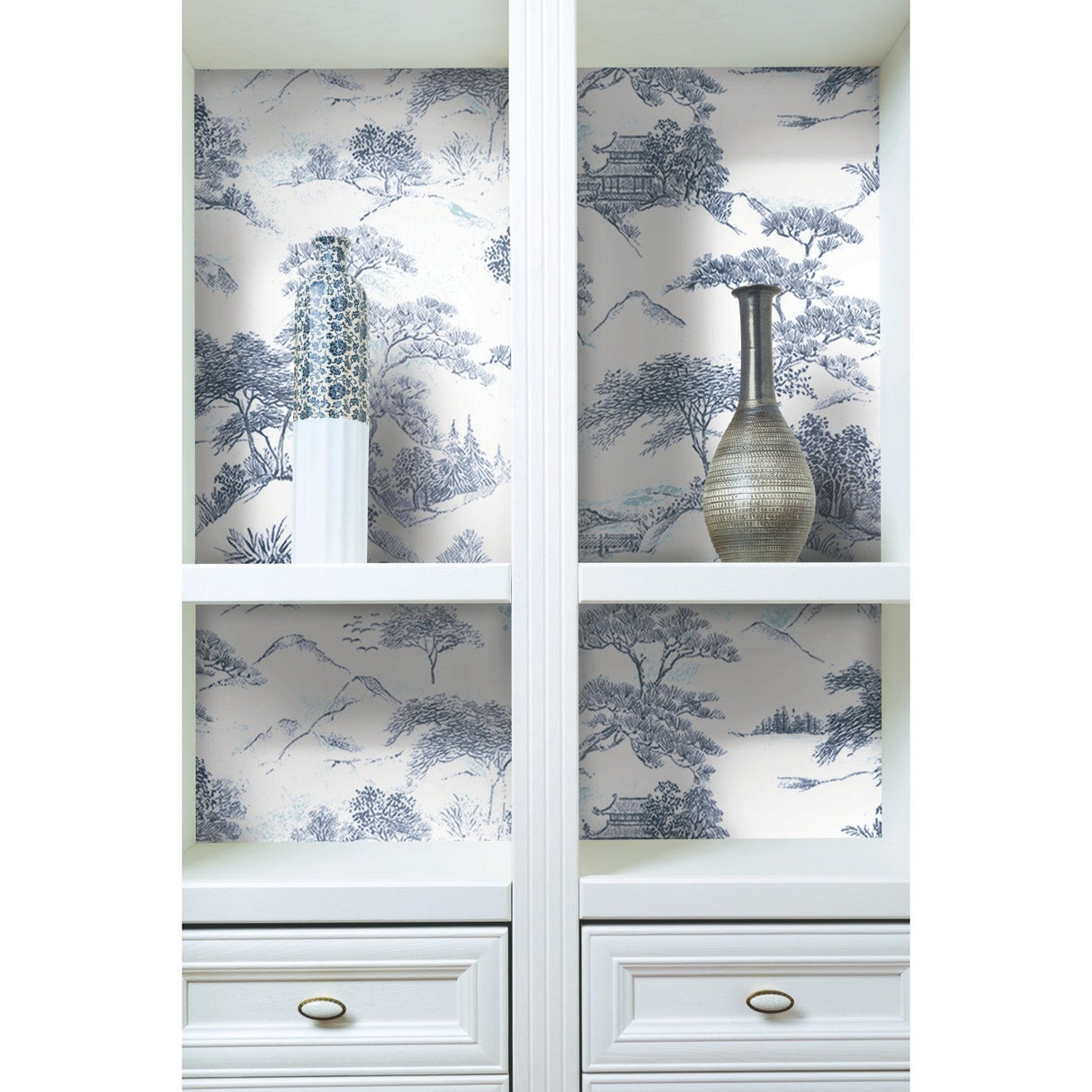 Oriental Toile Blue Peel & Stick Wallpaper with Traditional Global Toile Pattern - York RMK11754RL