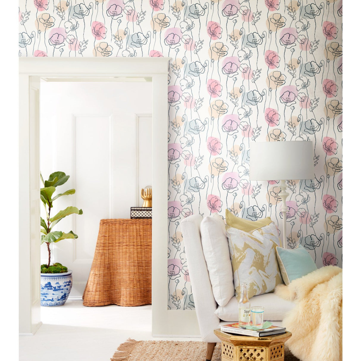 Modern Poppy Pink Peel & Stick Wallpaper with Botanical Floral Line Art - York RMK11756RL