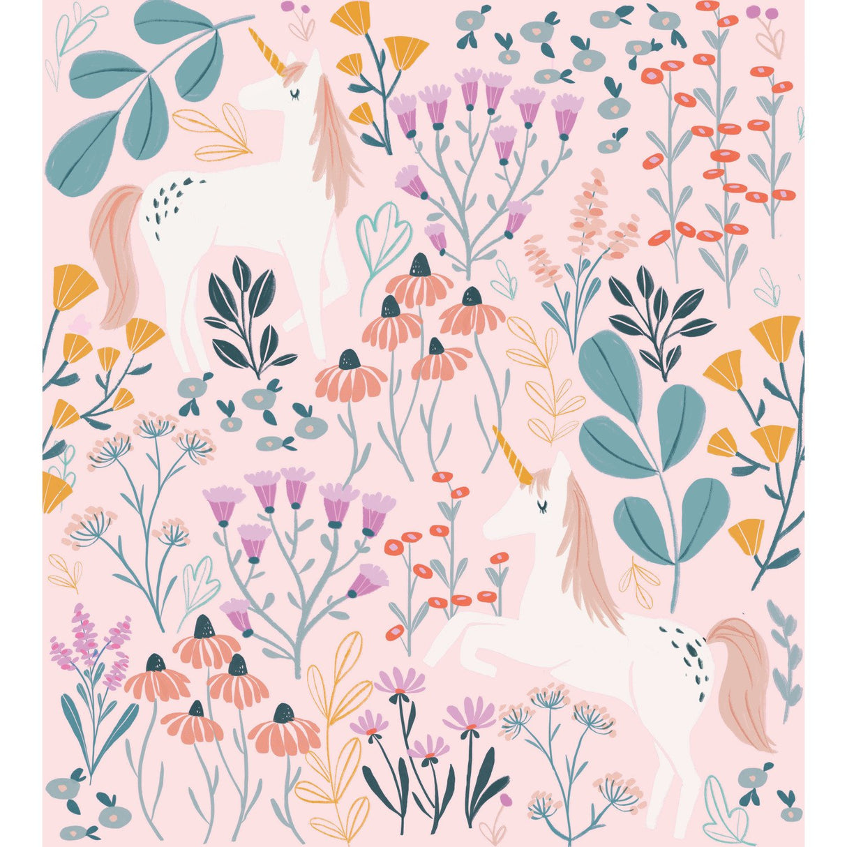 Unicorn Paradise Pink Peel & Stick Wallpaper with Whimsical Unicorn & Wildflower Motif - York RMK11793RL