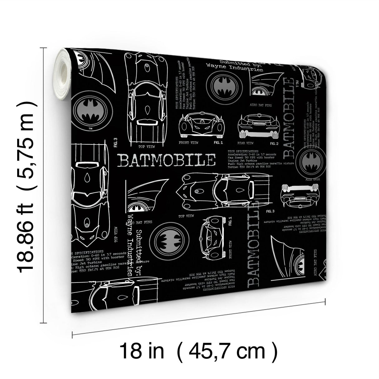 Batmobile Blueprint Grey Peel & Stick Wallpaper with Batman Blueprint Novelty Design - York RMK11849RL