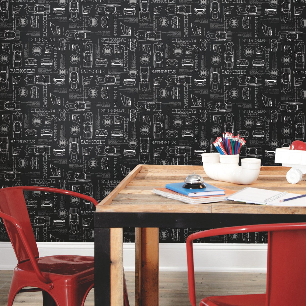 Batmobile Blueprint Grey Peel & Stick Wallpaper with Batman Blueprint Novelty Design - York RMK11849RL