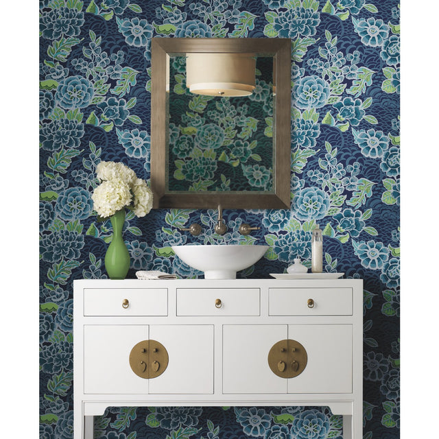 Zen Garden Blue Peel & Stick Wallpaper with Modern Floral Pattern - York RMK11855RL