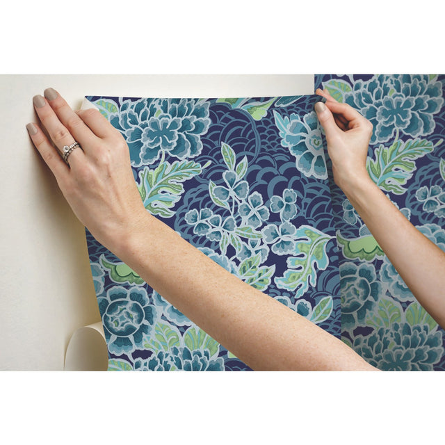 Zen Garden Blue Peel & Stick Wallpaper with Modern Floral Pattern - York RMK11855RL