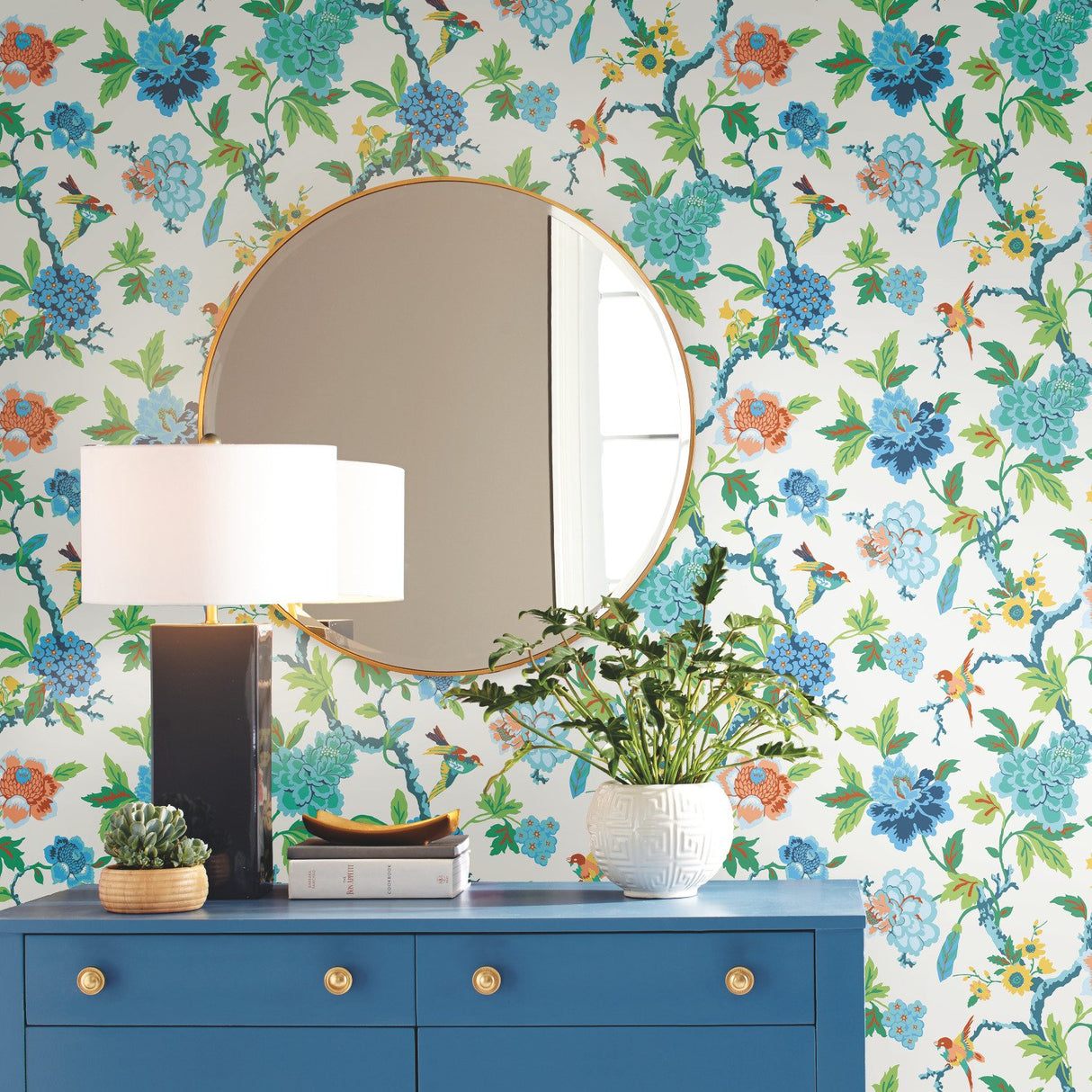 Candid Moments Blue Peel & Stick Wallpaper with Botanical Bird Floral Pattern, Traditional Style - York RMK11862RL