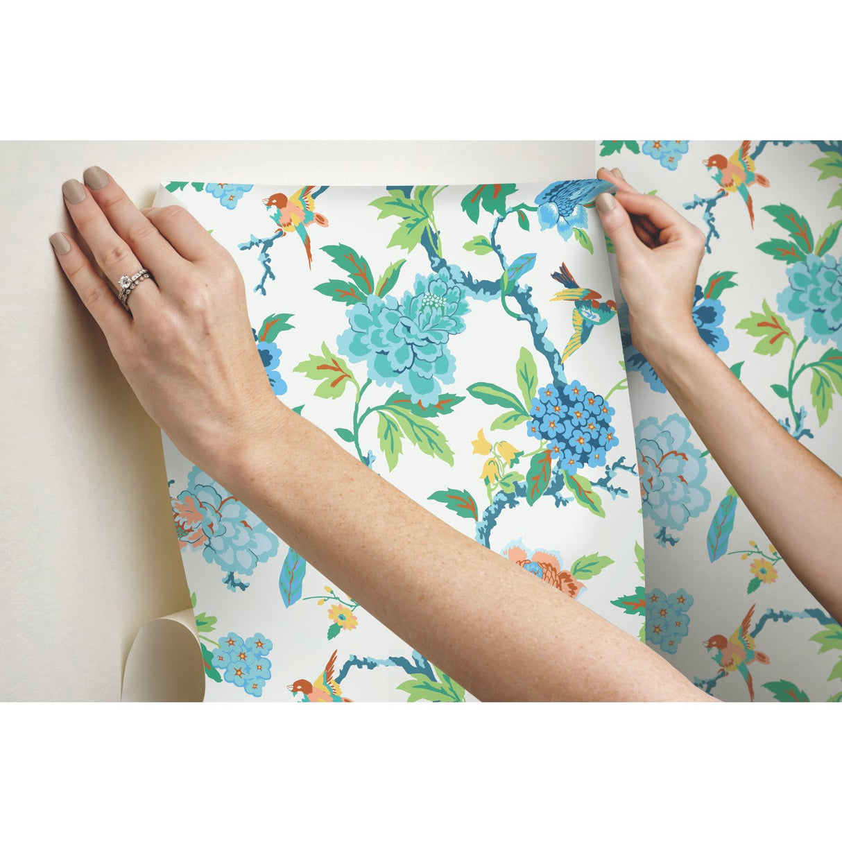 Candid Moments Blue Peel & Stick Wallpaper with Botanical Bird Floral Pattern, Traditional Style - York RMK11862RL