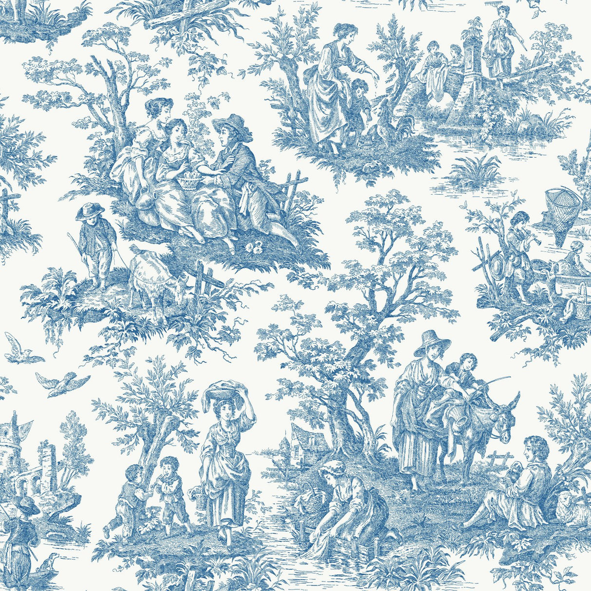 Country Life Toile Blue Peel & Stick Wallpaper with Country Toile Pattern - York RMK11868WP