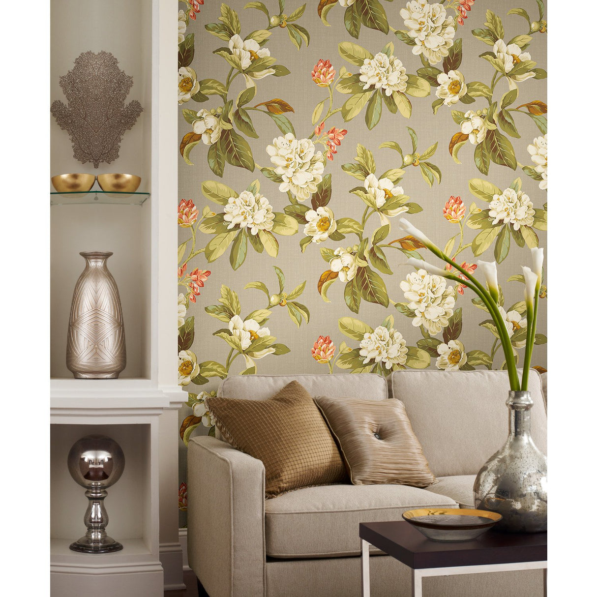 Live Artfully Taupe Peel & Stick Wallpaper with Floral Botanical Pattern - York RMK11883RL