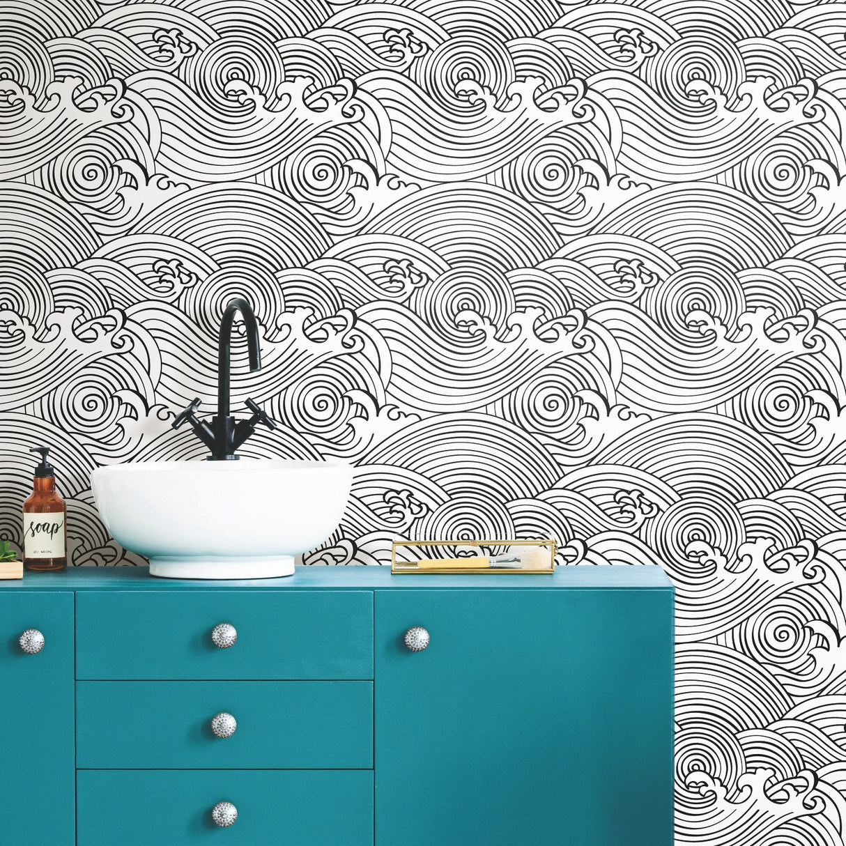 Asian Waves Black Peel & Stick Wallpaper with Coastal Novelty Pattern - York RMK11901RL