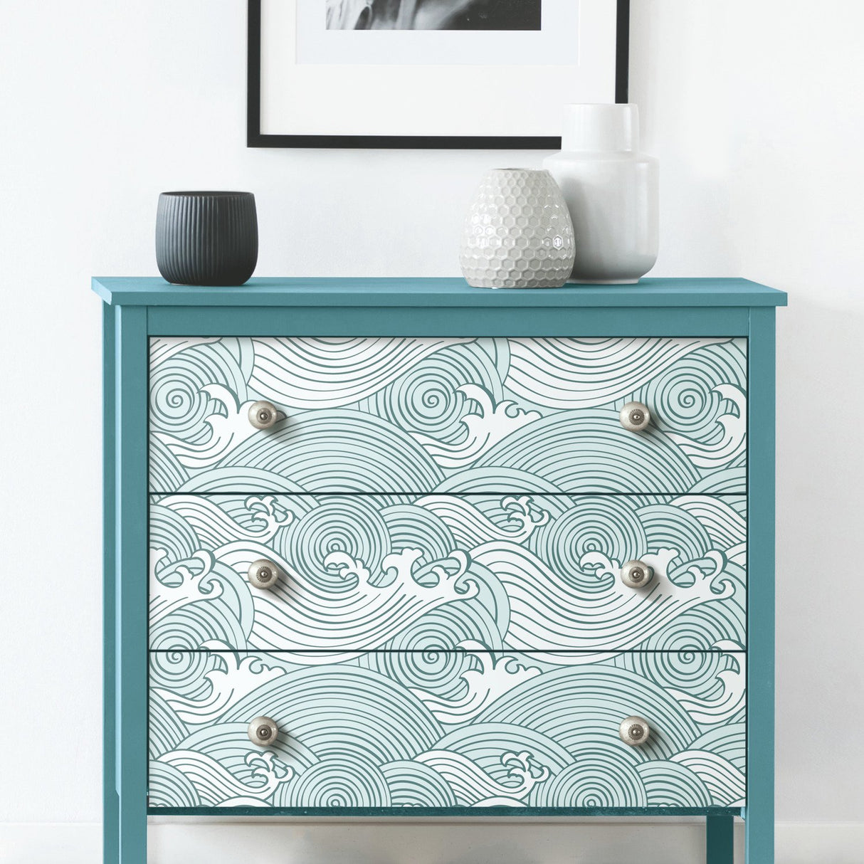 Asian Waves Teal Peel & Stick Wallpaper with Coastal Wave Line Art - York RMK11902RL