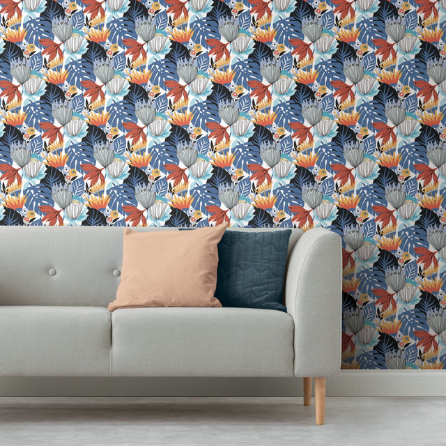 Retro Tropical Leaves Blue Peel & Stick Wallpaper with Retro Botanical Leaves Pattern - York RMK11912WP