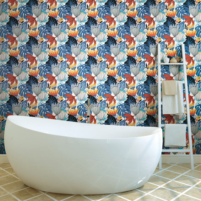 Retro Tropical Leaves Blue Peel & Stick Wallpaper with Retro Botanical Leaves Pattern - York RMK11912WP