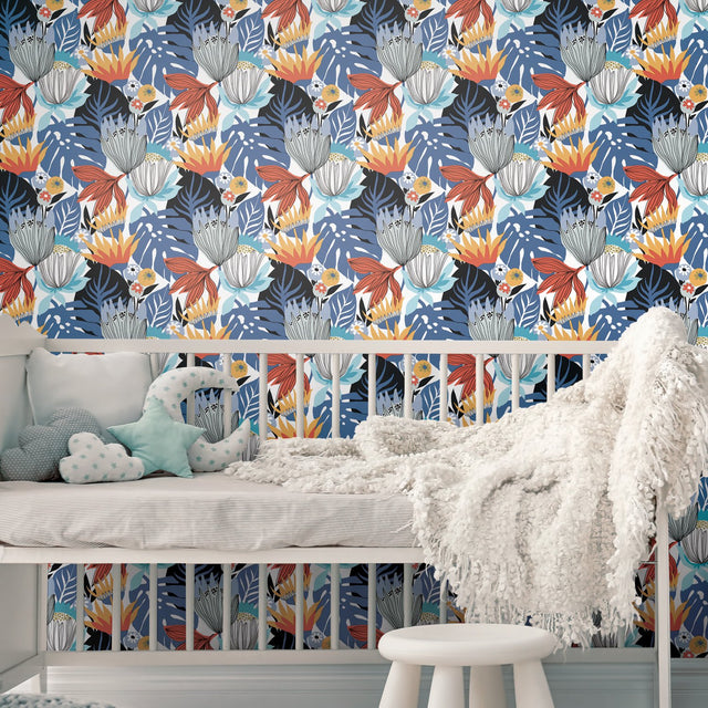 Retro Tropical Leaves Blue Peel & Stick Wallpaper with Retro Botanical Leaves Pattern - York RMK11912WP