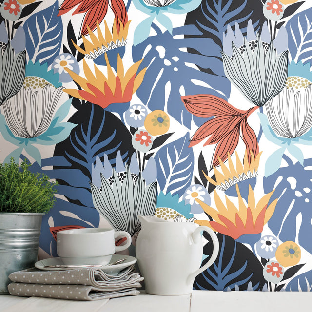 Retro Tropical Leaves Blue Peel & Stick Wallpaper with Retro Botanical Leaves Pattern - York RMK11912WP