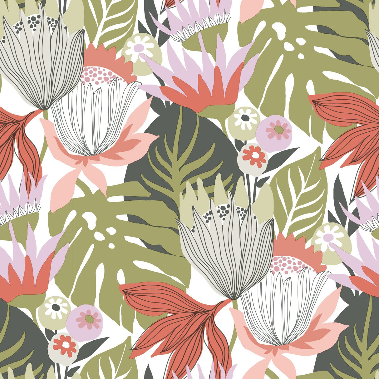 Retro Tropical Leaves Green Peel & Stick Wallpaper with Nature Leaves Retro Pattern - York RMK11913WP