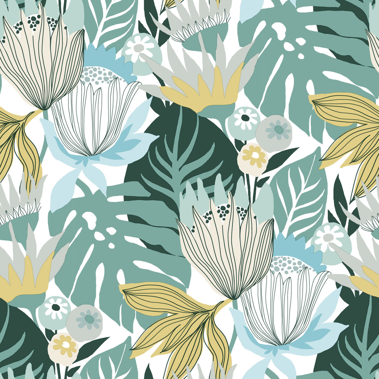 Retro Tropical Leaves Teal Peel and Stick Wallpaper by RoomMates - RMK11914WPZ