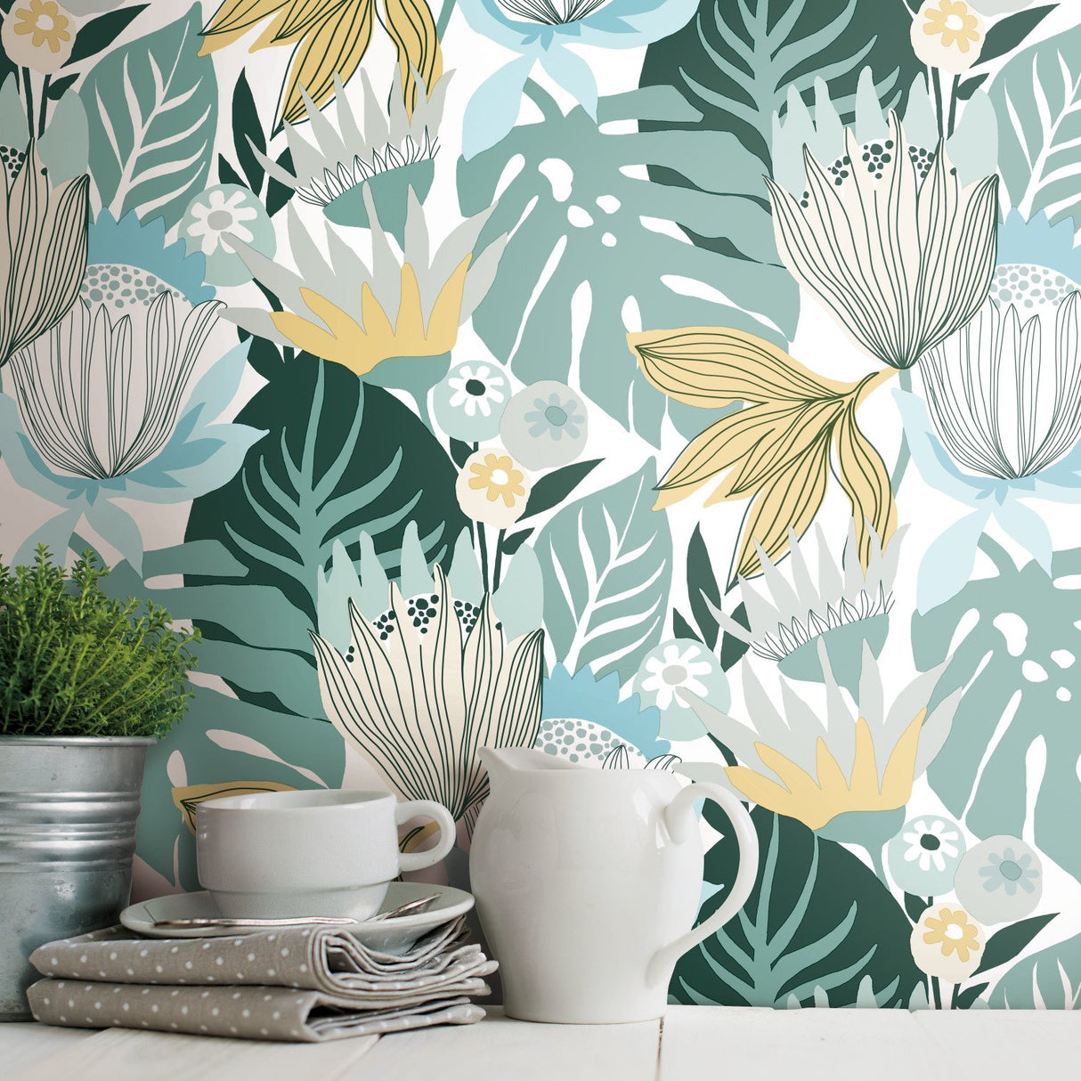 Retro Tropical Leaves Teal Peel & Stick Wallpaper with Botanical Retro Pattern - York RMK11914WP