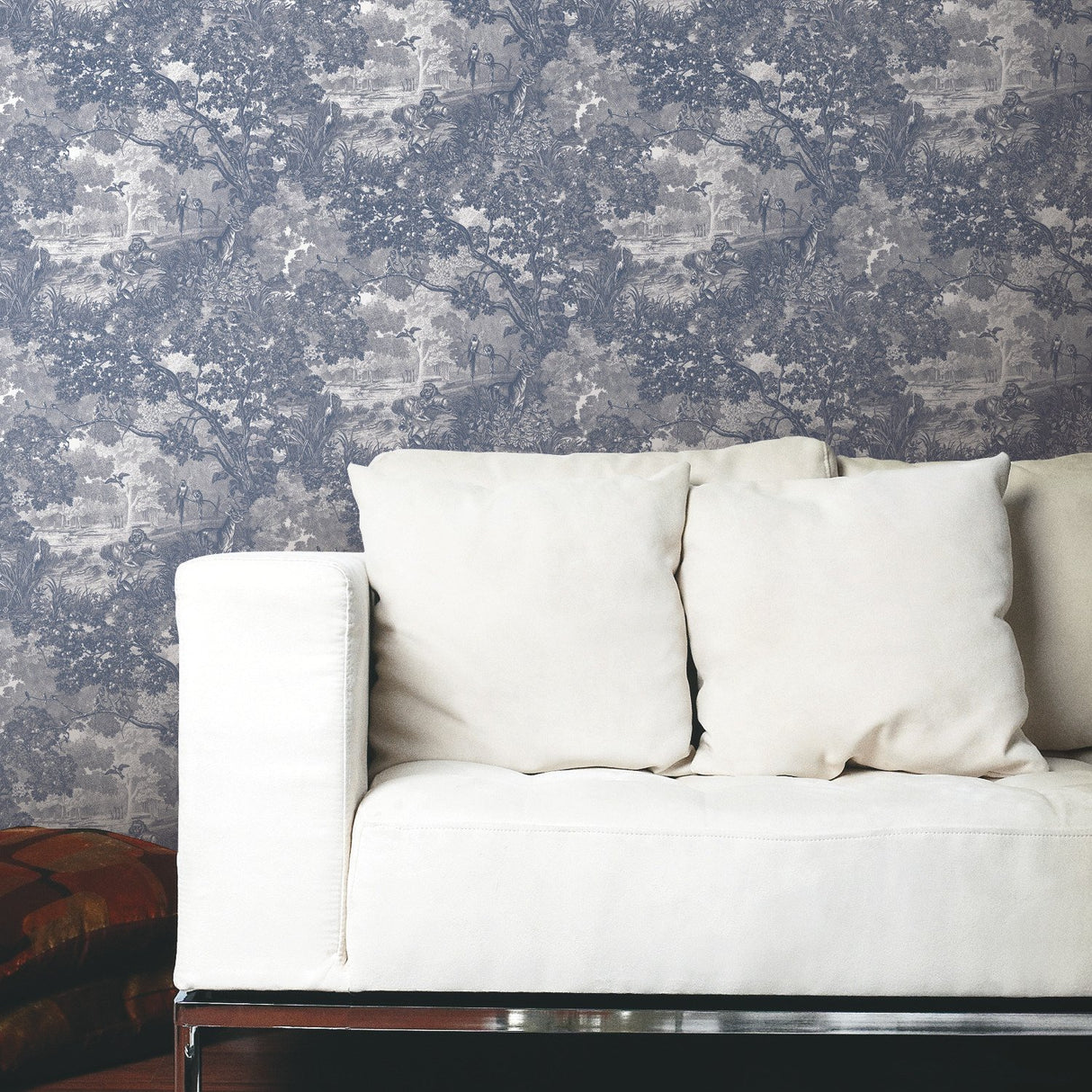 Jungle Toile Blue Peel & Stick Wallpaper with Modern Botanical Toile Pattern - York RMK11917WP