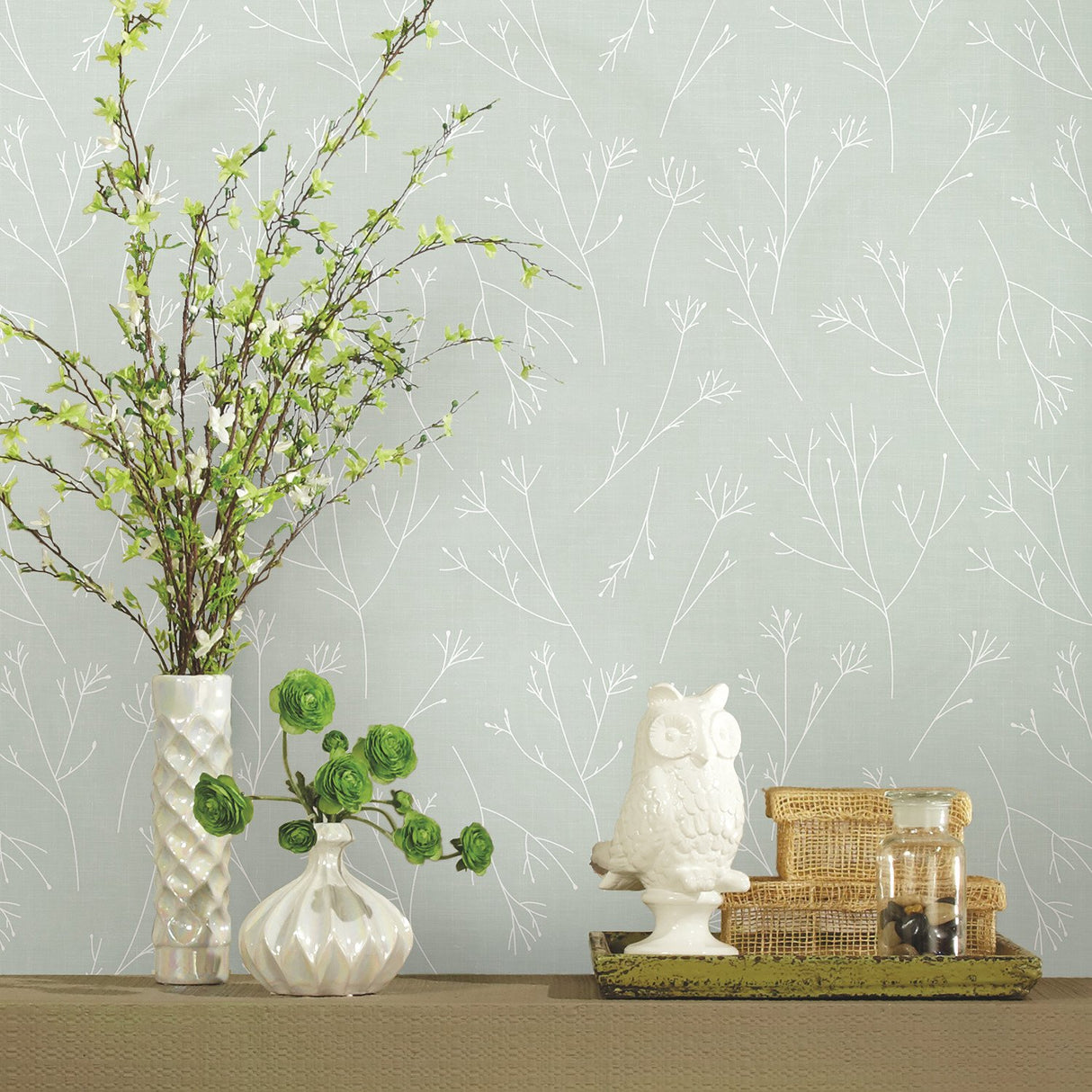 Twigs Green Peel & Stick Wallpaper with Modern Botanical Twig Pattern - York RMK11950WP