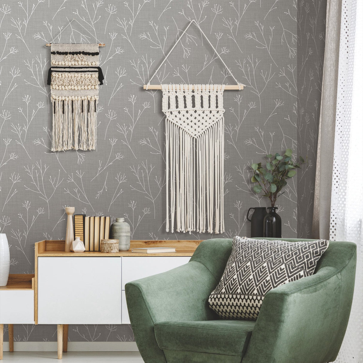 Twigs Grey Peel & Stick Wallpaper with Modern Woods & Forests Motif - York RMK11966WP