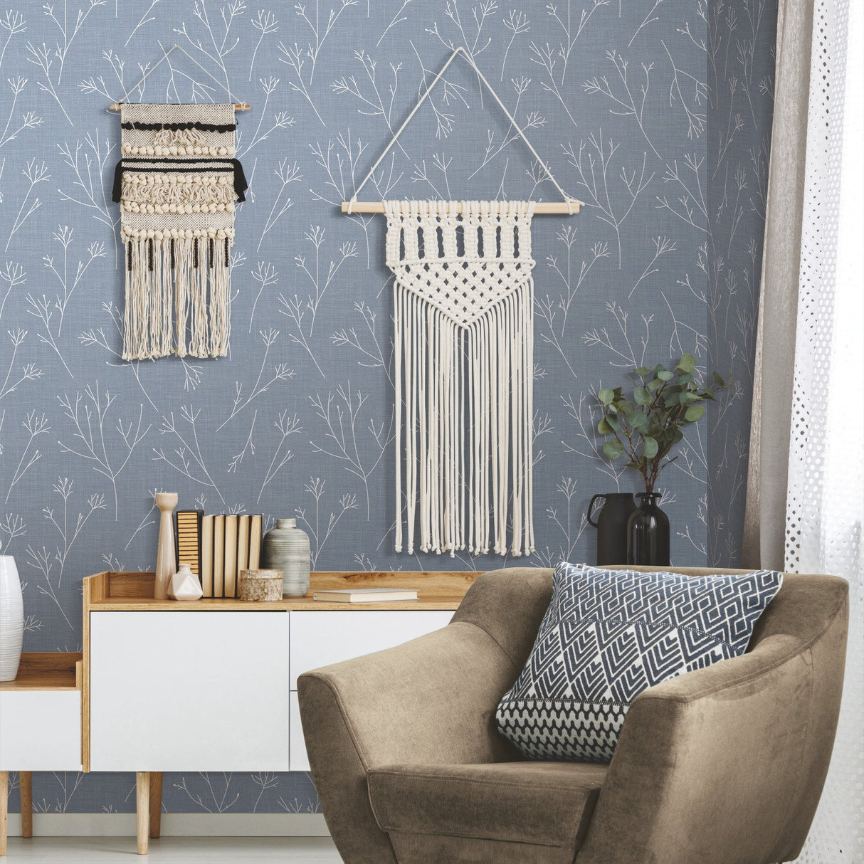 Twigs Blue Peel & Stick Wallpaper with Modern Scandinavian Twig Motif - York RMK11967WP