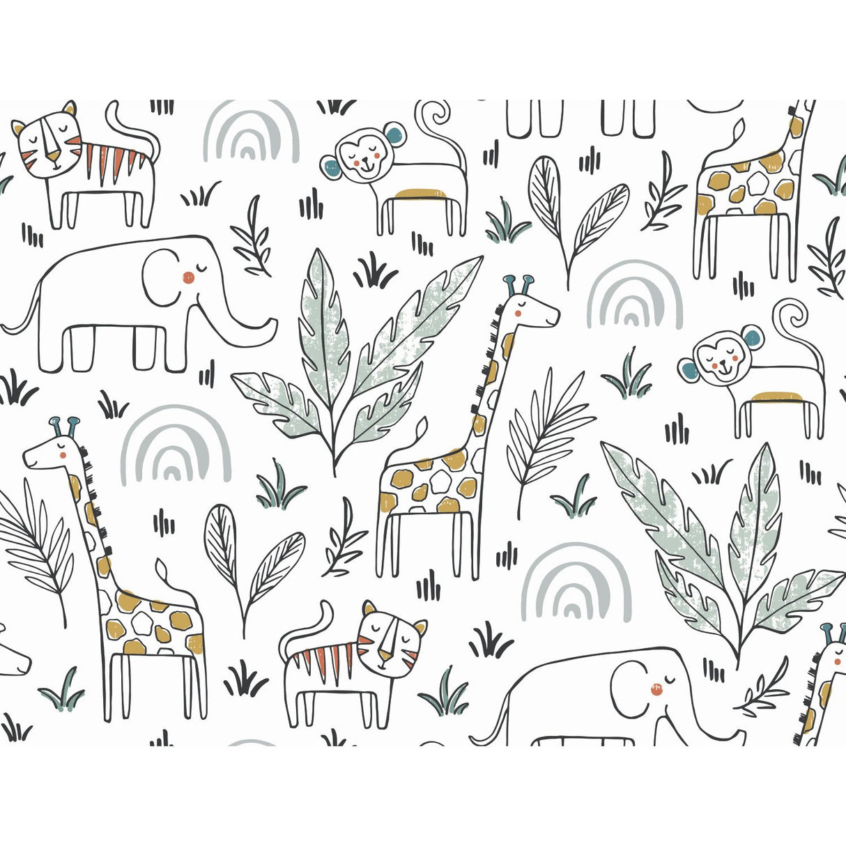 Jungle Menagerie Yellow Peel & Stick Wallpaper with Botanical Leaves & Modern Tropical Animal Motif - York RMK11980RL