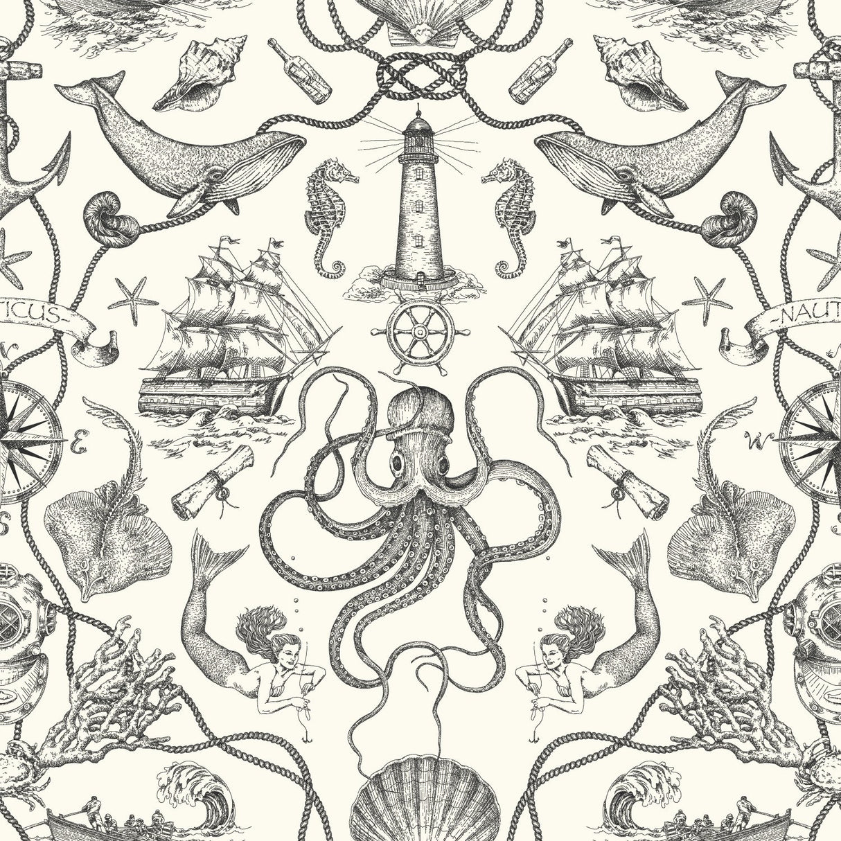 Deep Sea Toile Black Peel & Stick Wallpaper with Coastal Ocean Toile Pattern - York RMK12001WP