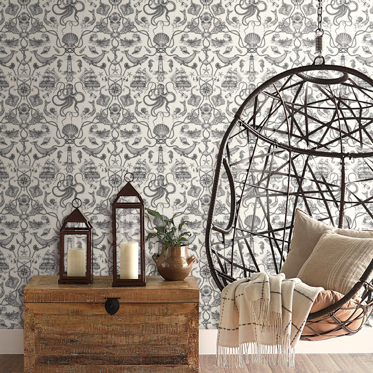 Deep Sea Toile Black Peel & Stick Wallpaper with Coastal Ocean Toile Pattern - York RMK12001WP