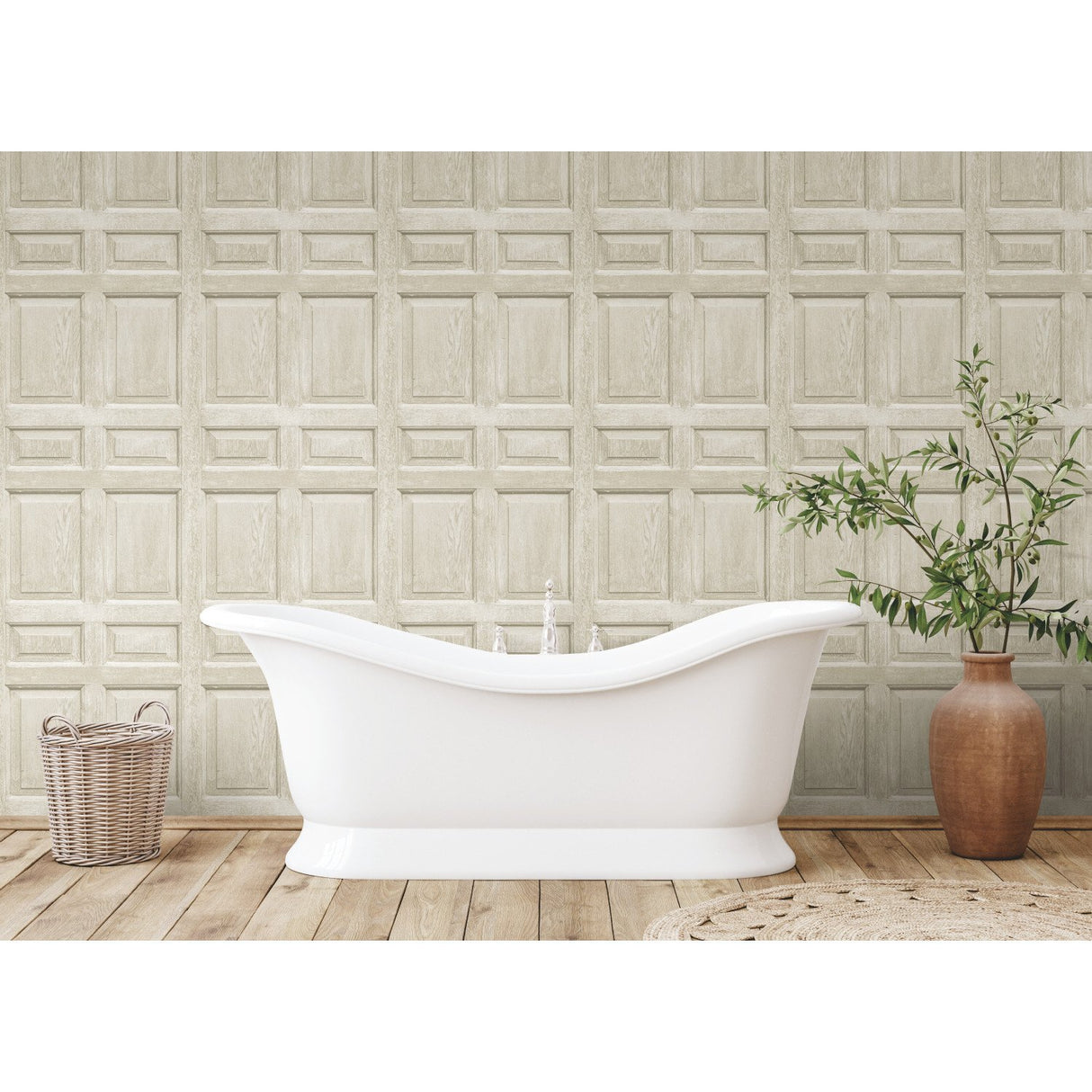 Beveled Wood Paneling Beige Peel & Stick Wallpaper with Vintage Wood Look Panel Motif - York RMK12003WP